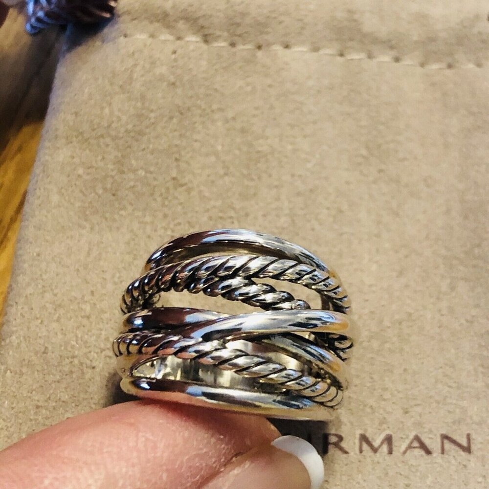 David Yurman Wide Cross Over Sterling Silver Cable Band Ring Size 5 w/Pouch Mint